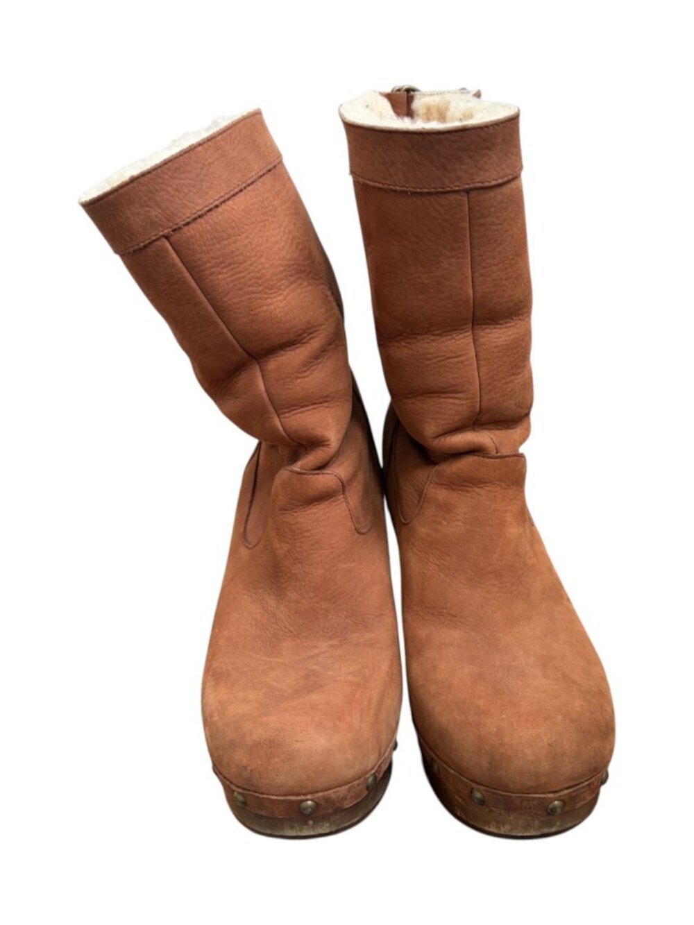 UGG Womens 9 Carnegie Brown Suede Leather Shearling Lined Wedge Heeled Boots - Picture 6 of 12